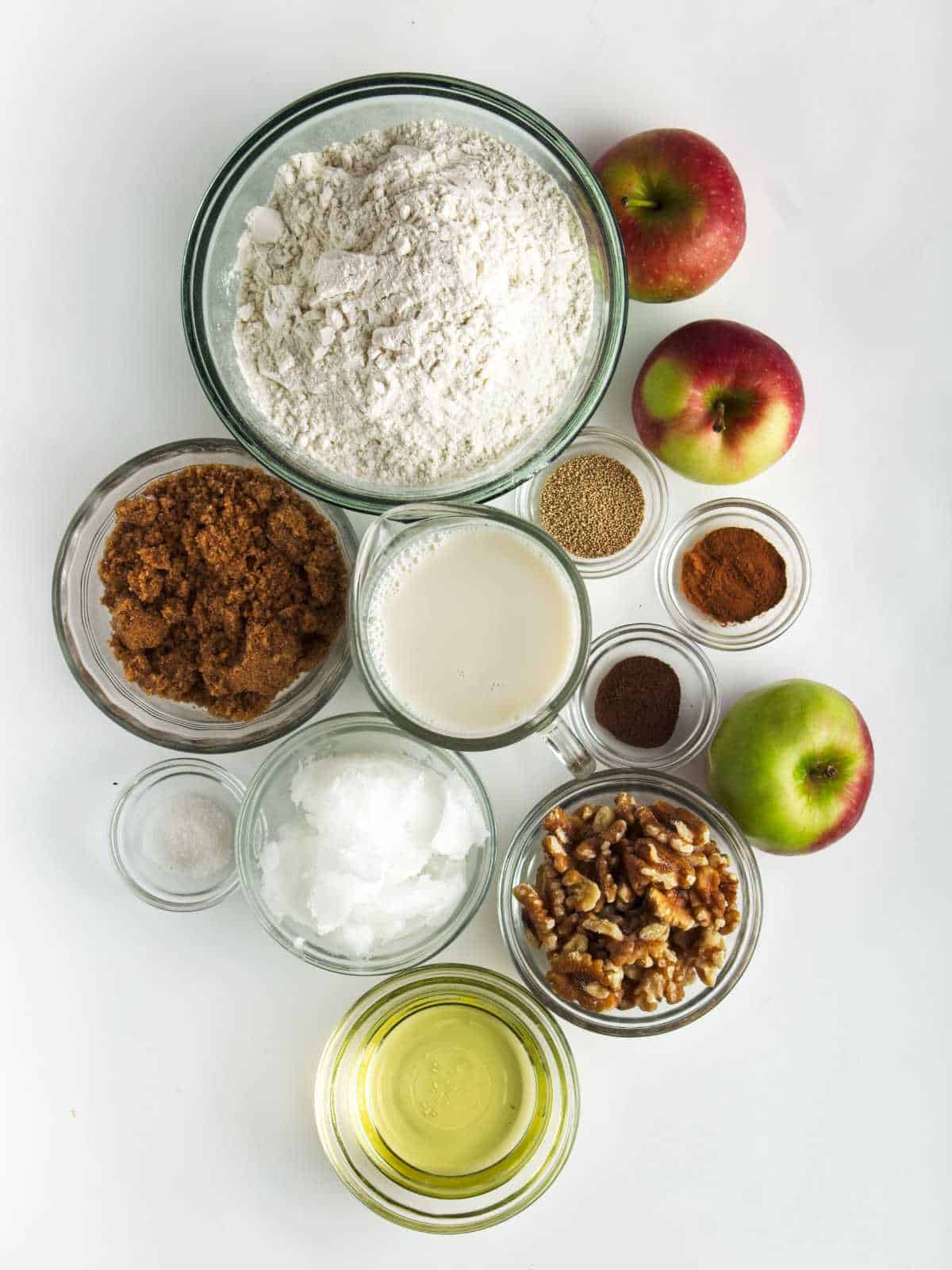 bowls of ingredients for apple filled cinnamon rolls.