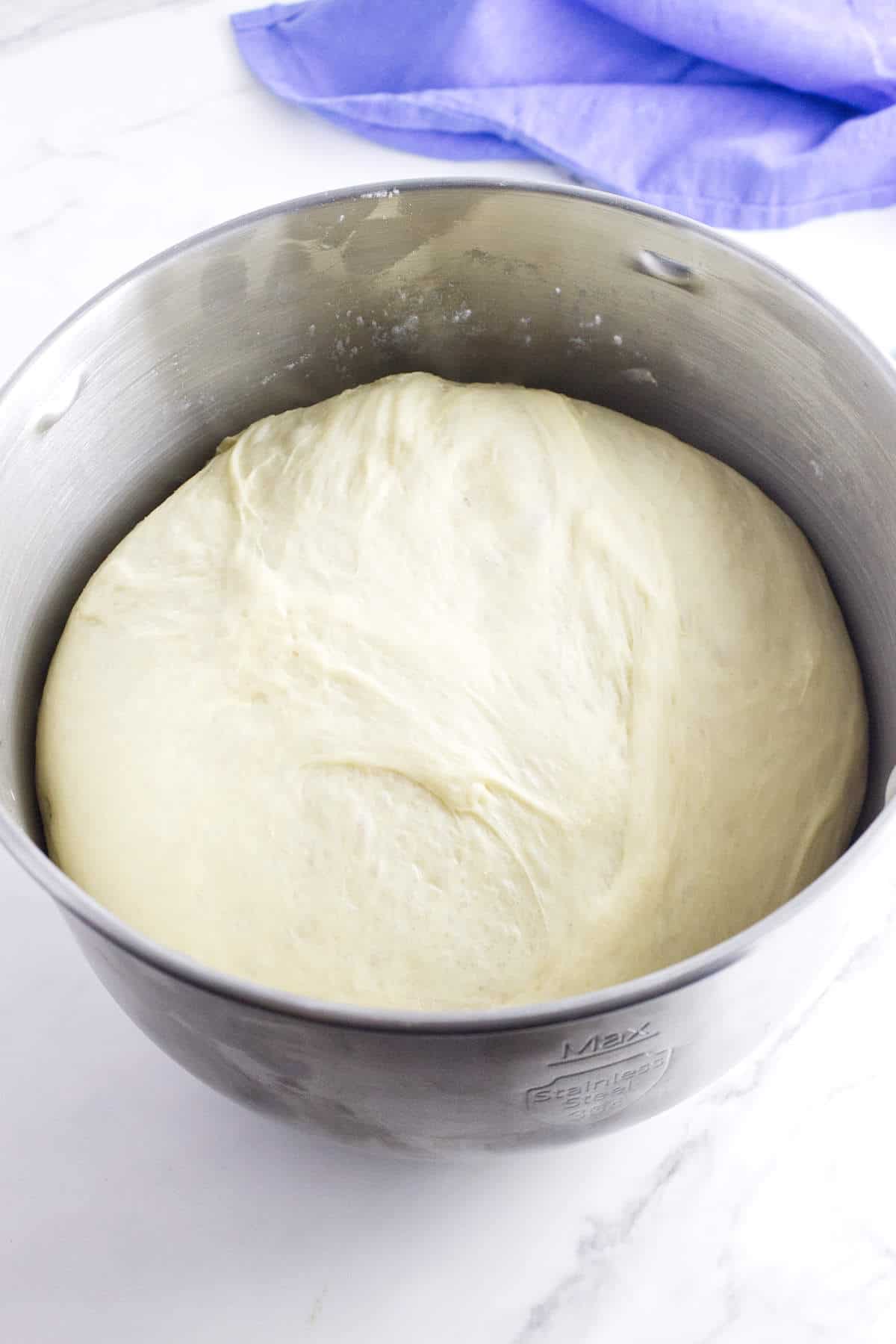 bulk risen ball of dough in a bowl.