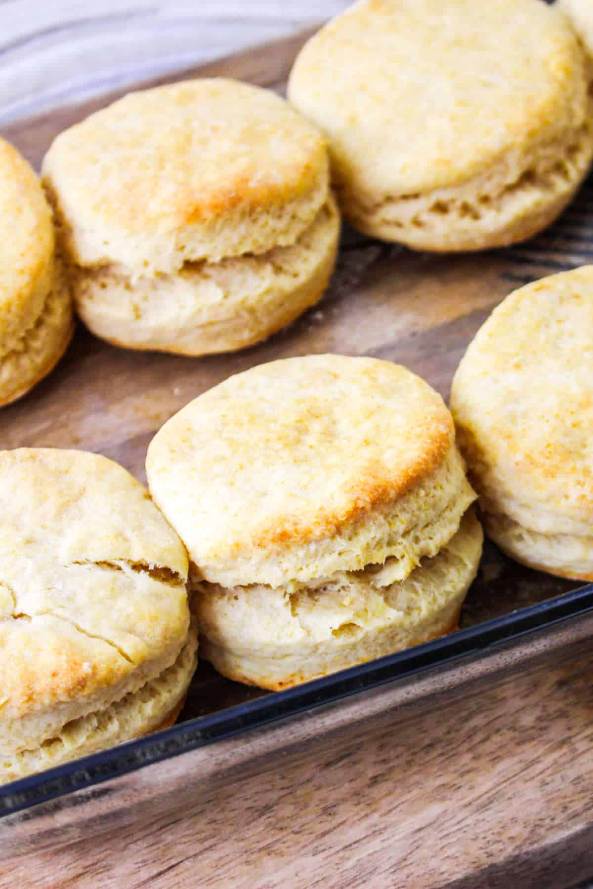Pan of flaky old-fashioned buttermilk biscuits.