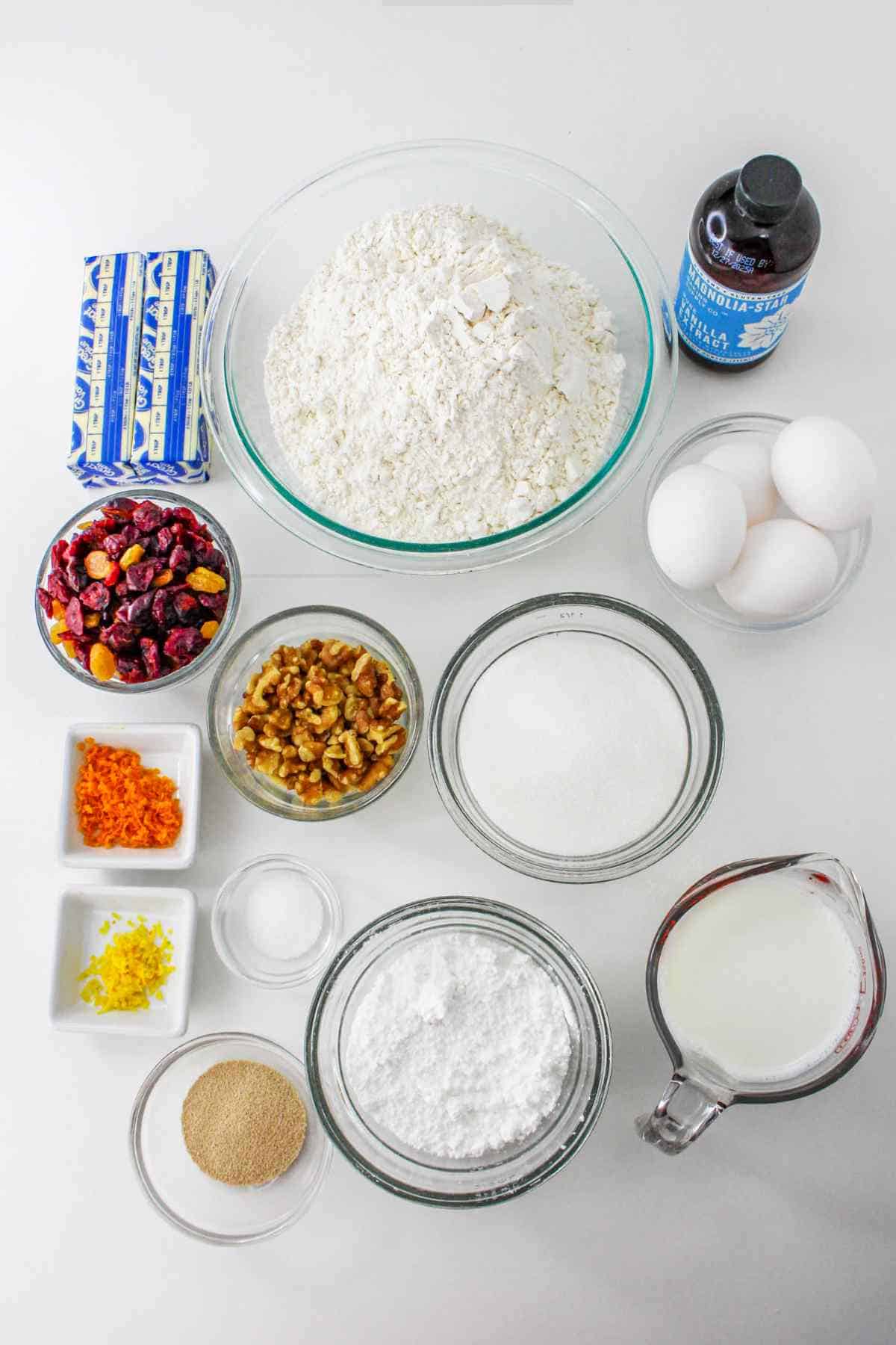 ingredients for making panettone Christmas cake.