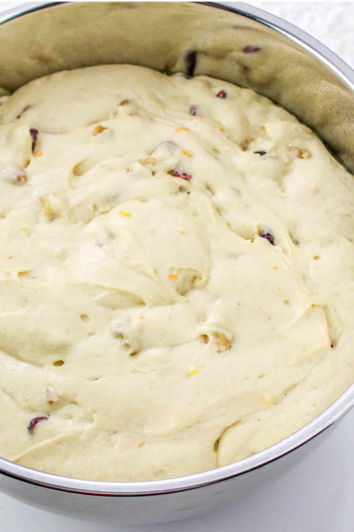 risen dough with raisins and nuts mixed in.