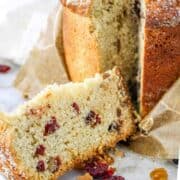 slice cut of Italian Panettone Christmas Cake.