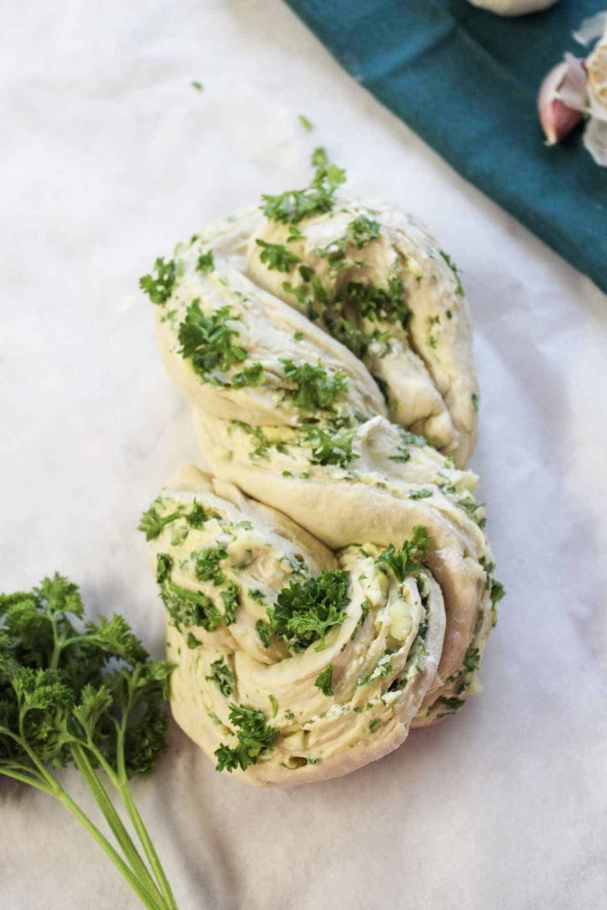 dough twisted up with fresh herbs.