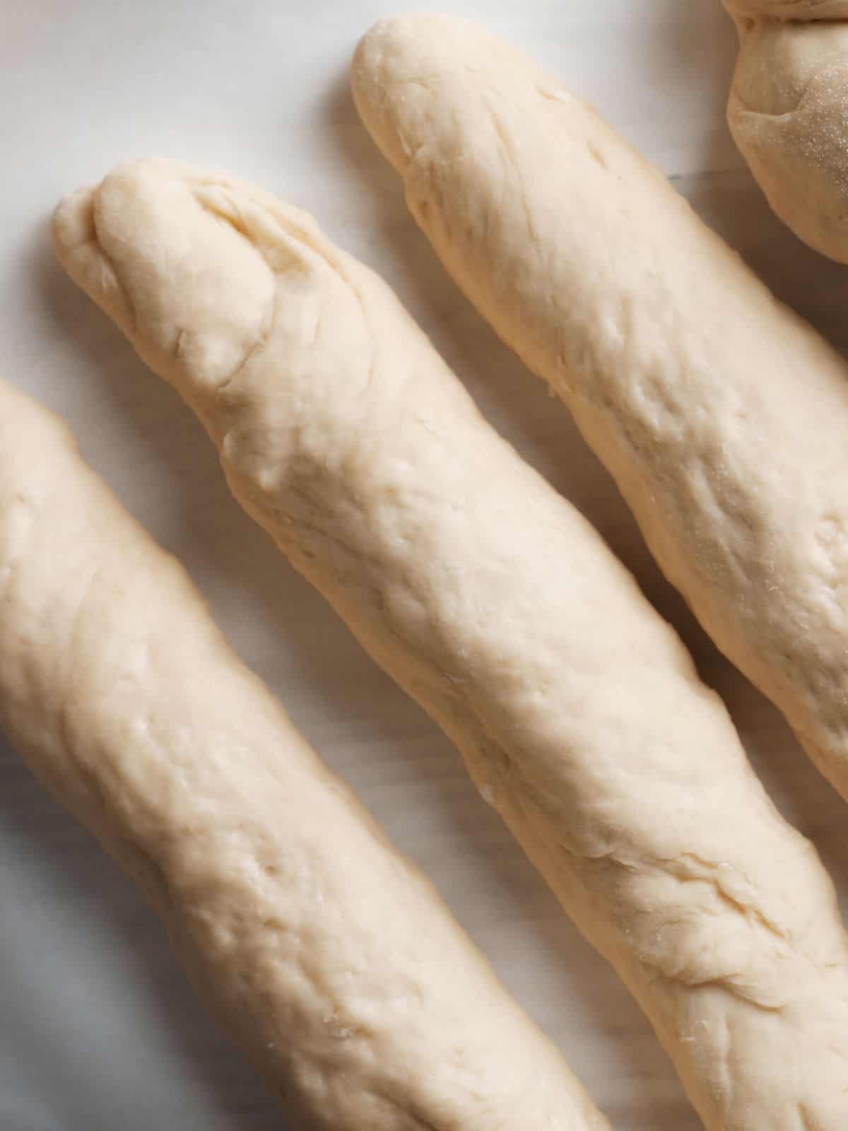 Dough divided into three strands.