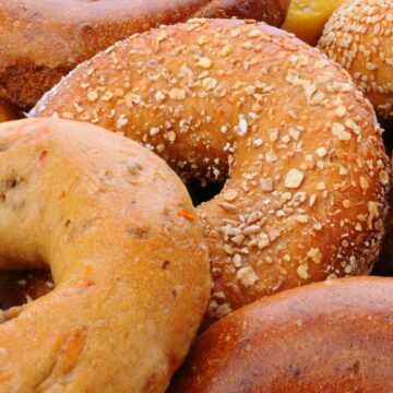 Closeup of assorted bagels, including sesame seed, egg bagel, mulit-grain, cinnamon raisin and plain.