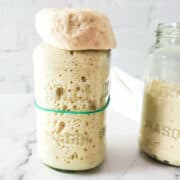 rubber band marking growth of a sourdough preferment in a jar.