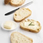white bread with large bubbly crumb, made with a poolish starter.