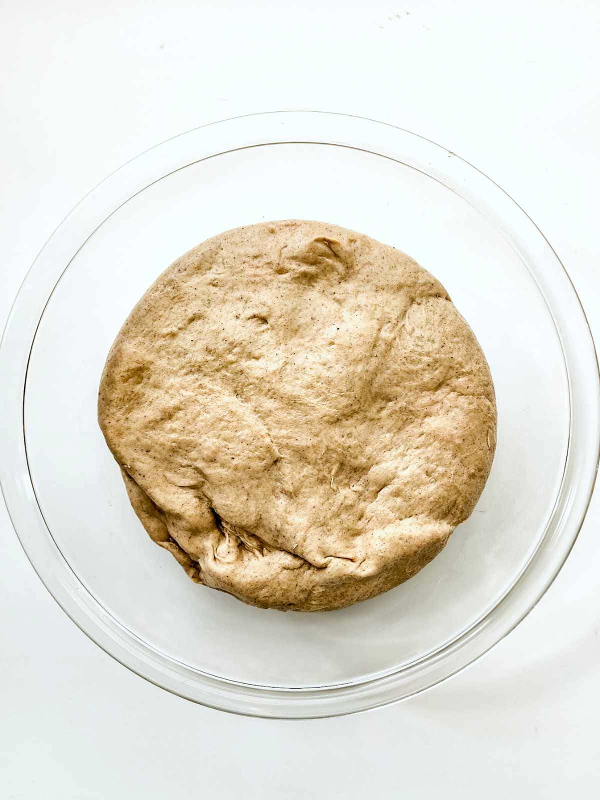 cinnamon bagel dough proofing in a bowl.