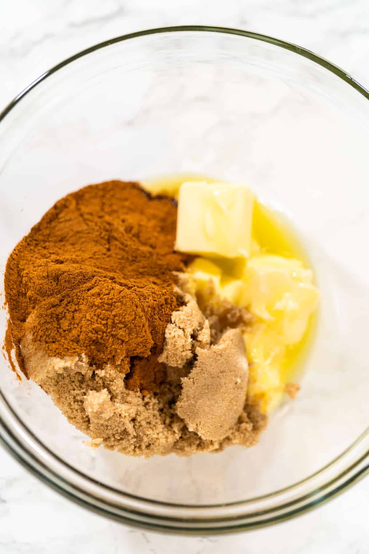 ingredients in a bowl for making cinnamon roll filling.