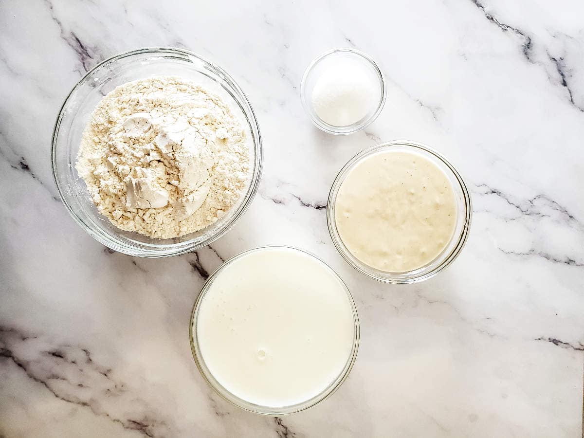 ingredients for making overnight sourdough discard pancakes.