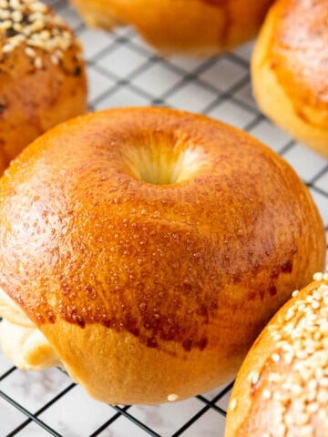 A golden-brown egg bagel with a glossy finish sits on a cooling rack. Partially visible are other bagels topped with sesame seeds in the background, all crafted from a classic plain bagel recipe.