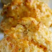 Close-up of golden, cheesy cheddar bay biscuits with a slightly crisp, textured surface and specks of herbs, resting on a white plate.