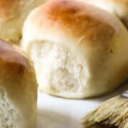 Close-up of golden brown, fluffy potato flake sourdough rolls on a white surface, with a pastry brush resting nearby. The rolls appear soft and freshly baked.