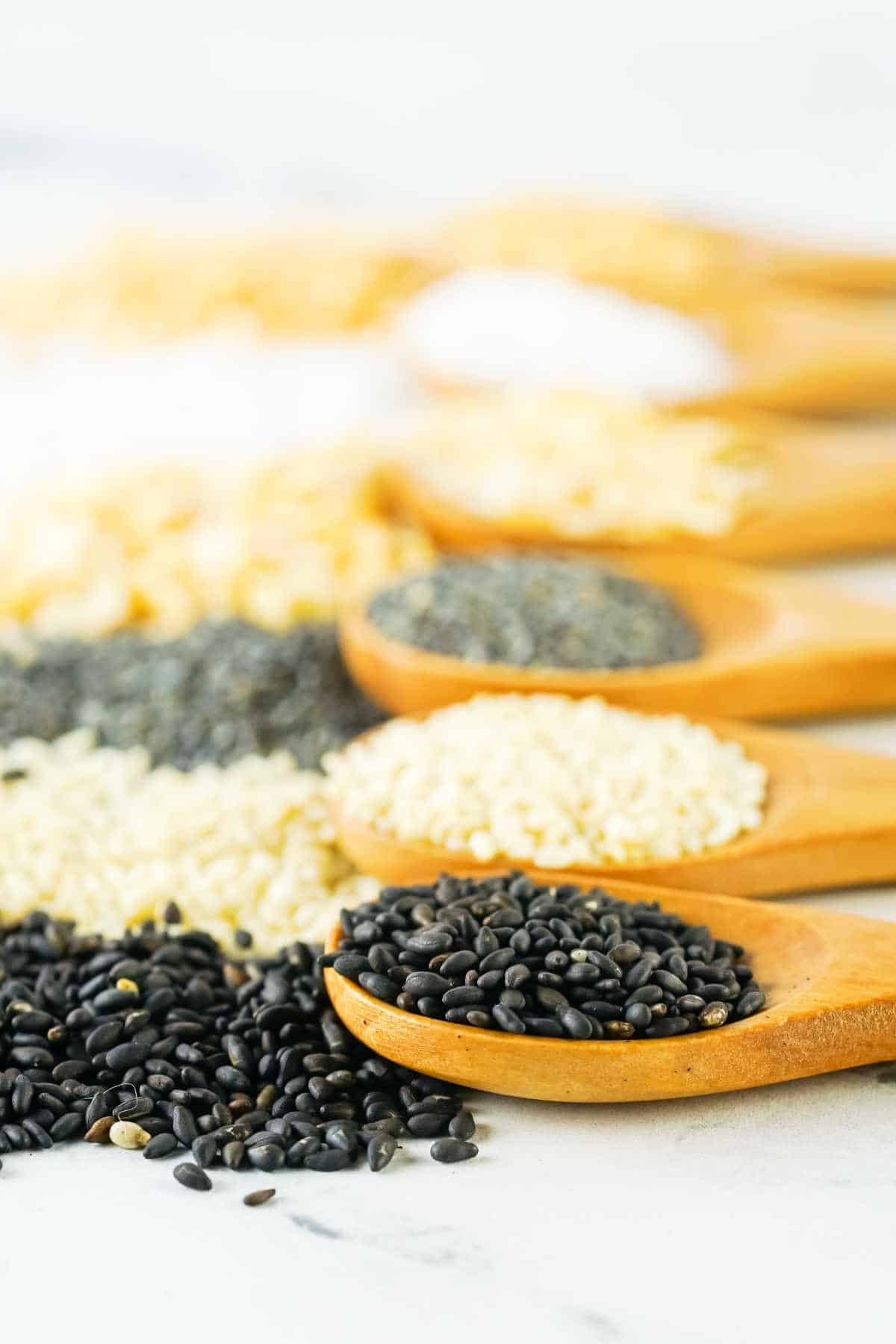 Wooden spoons filled with different types of sesame seeds—black, white, and tan—are arranged in a row on a white surface, resembling the key ingredients found in an everything bagel seasoning blend, with seeds also scattered around them.