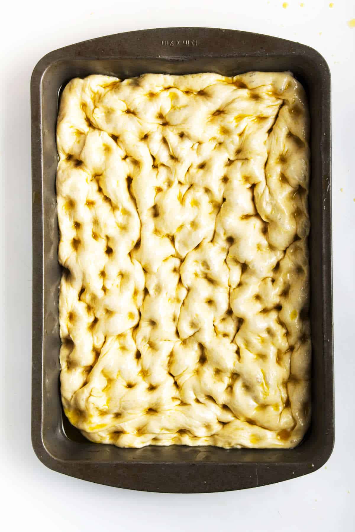 A rectangular baking pan filled with unbaked roasted garlic focaccia dough, dimpled and brushed with olive oil, ready to be baked.